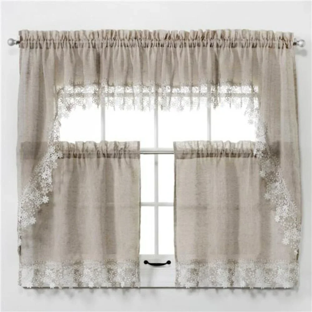 Lillian Linen Window Swag Curtains Set Macrame Trim Lace Rod Pocket 56x38